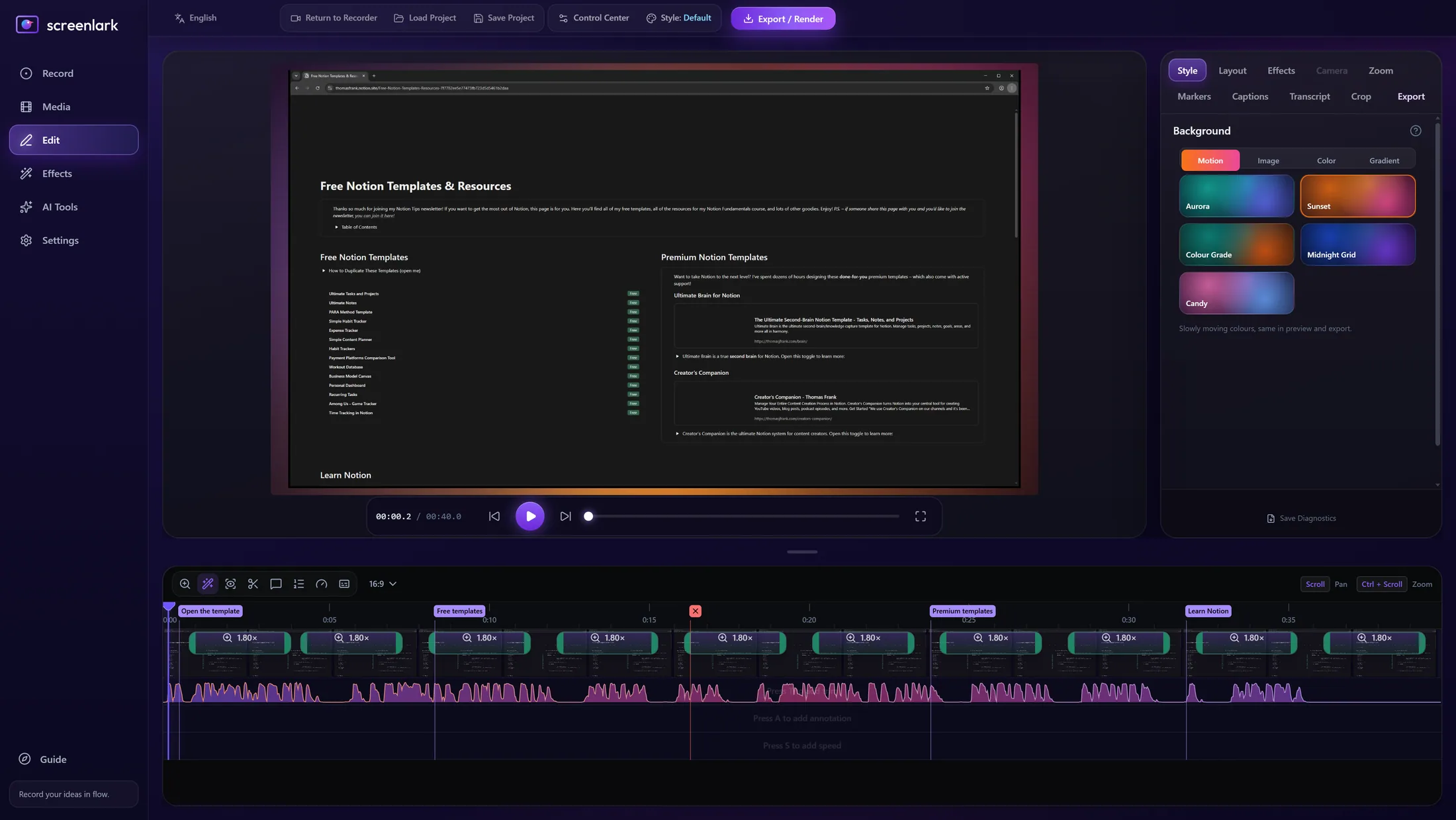 Screenlark editor with a Notion page recording