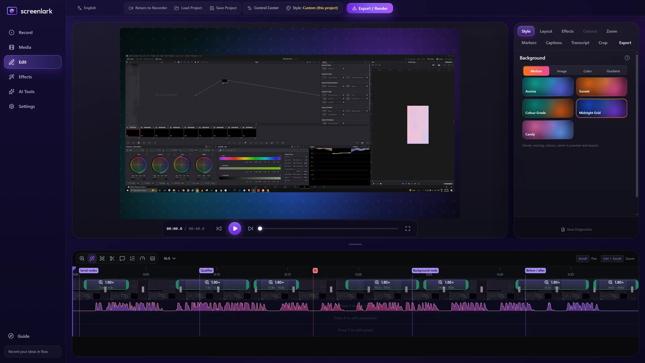Screenlark editor with a DaVinci Resolve class recording, chapter and mistake markers, auto-zoom regions