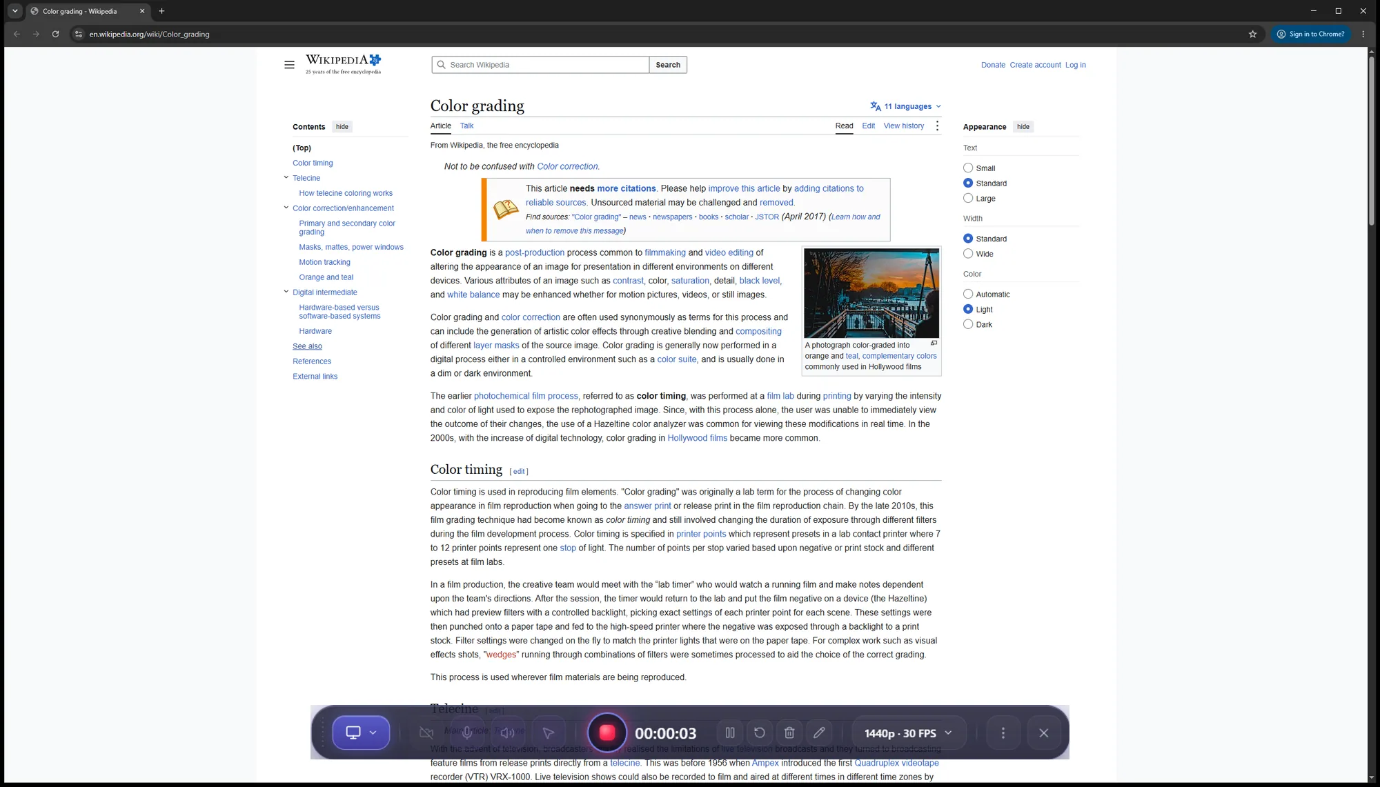 Recording bar live over a Chrome window